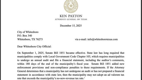 AG Paxton says Whitesboro is in violation of tax increase law