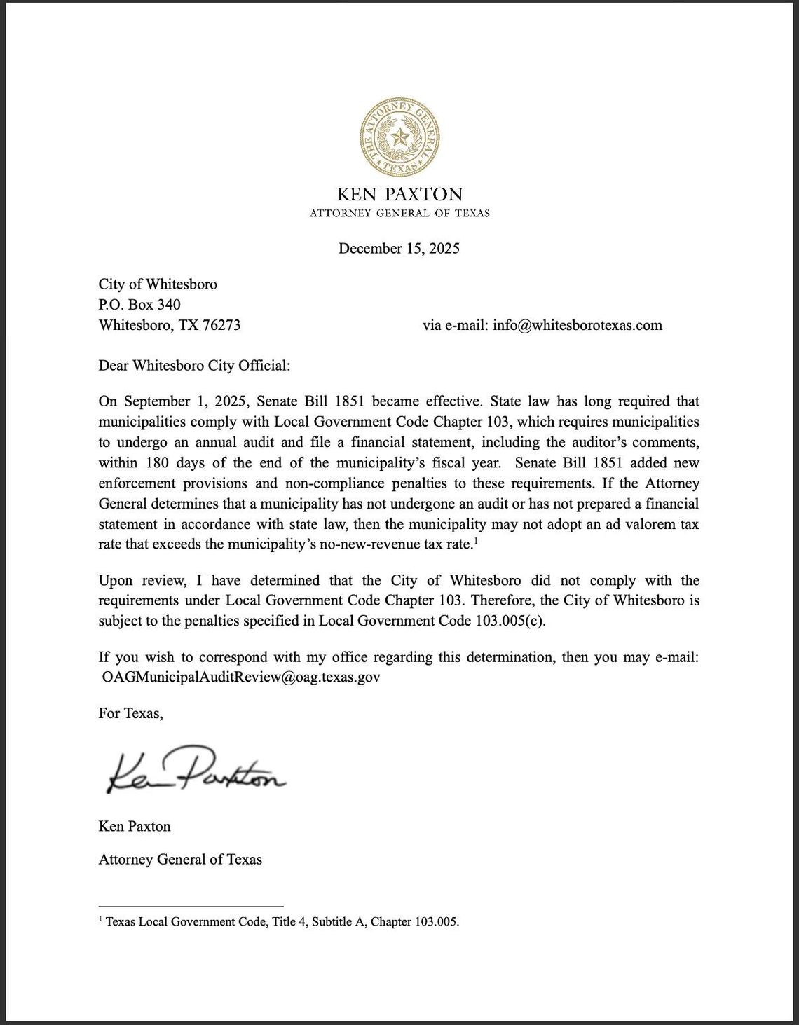 AG Paxton says Whitesboro is in violation of tax increase law