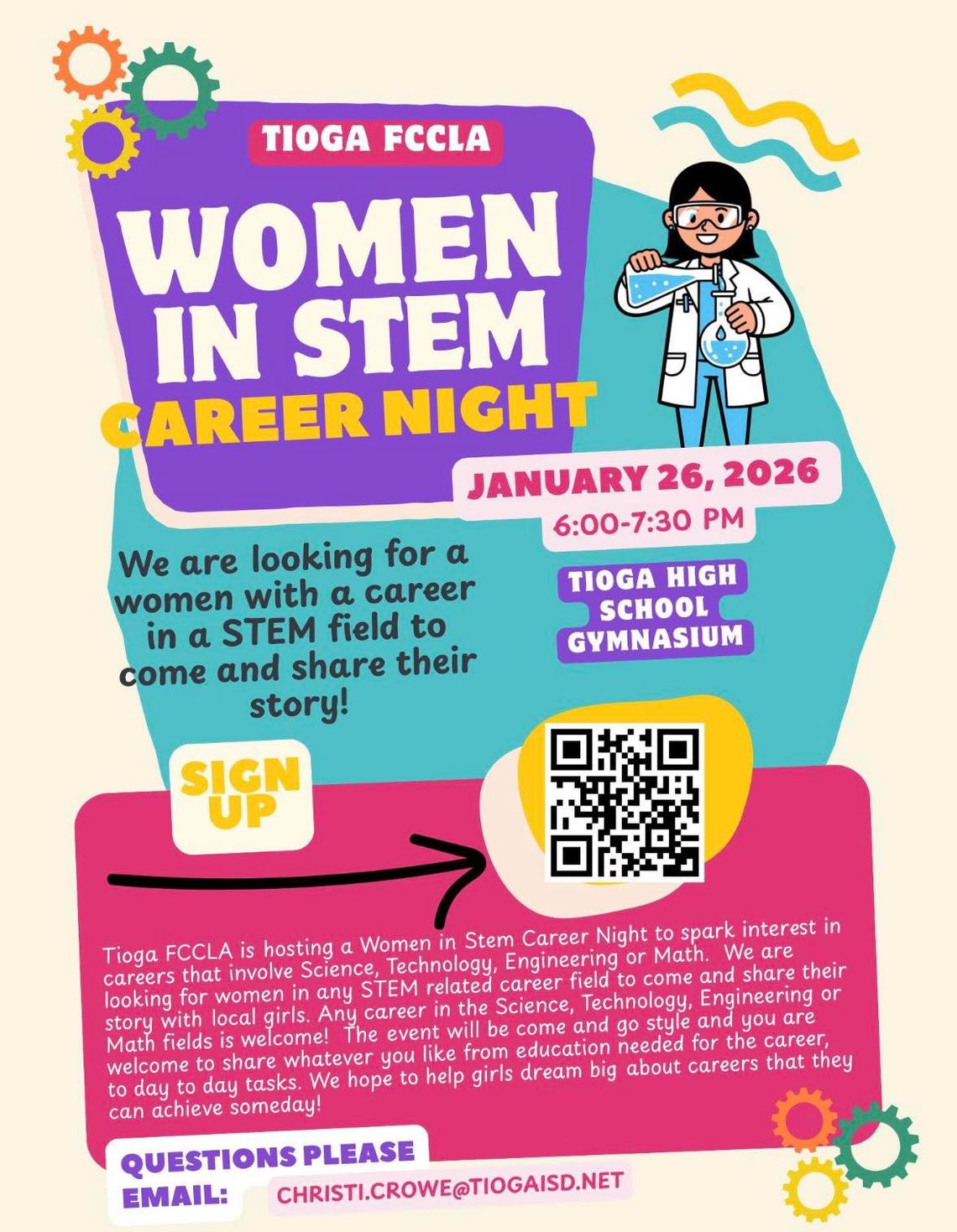 Tioga FCCLA seeks speakers for Women in STEM Career Night Tioga FCCLA seeks speakers for Women in STEM Career Night
