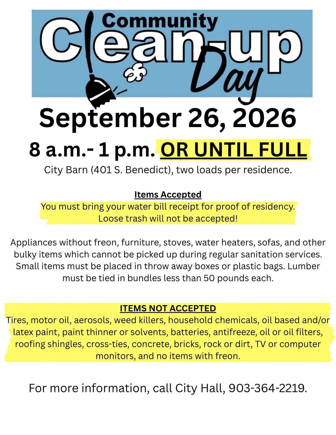 Whitewright sets Community Clean-Up Day for Sept. 26 Whitewright sets Community Clean-Up Day for Sept. 26